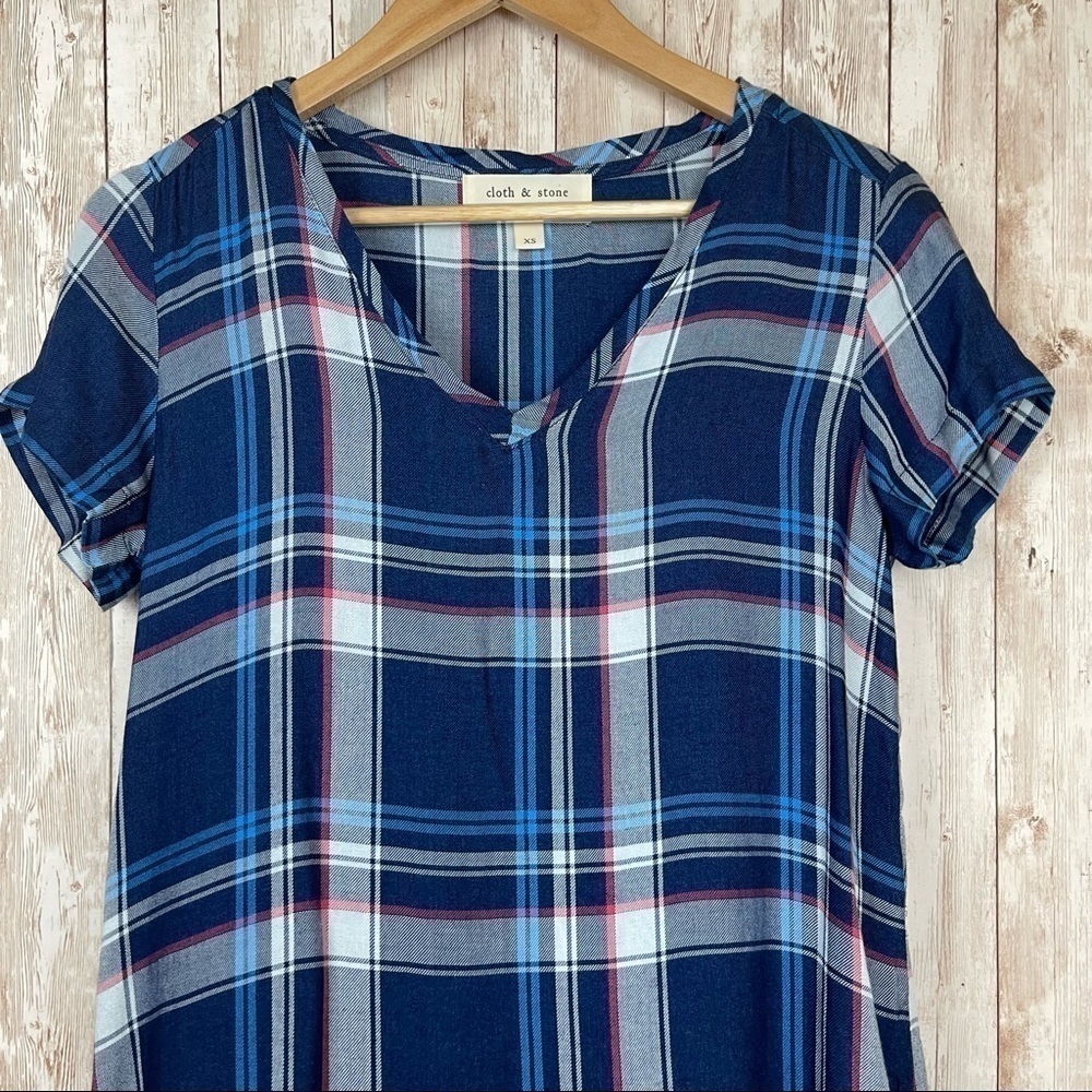 Cloth & Stone Plaid Short Sleeve V-Neck Dress Size XS Women - Picture 2 of 10